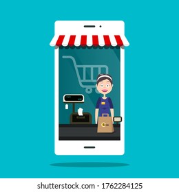 Online Internet Shopping - Virtual Store Vector Cartoon with Cashier - Checker Woman on Mobile Phone Screen
