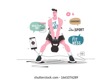 Online internet sport vector illustration. Sports blog tips for getting started. Guy in sportswear pumping muscles with weight flat style design. Speech bubbles of healthy diet, fitness, exercises