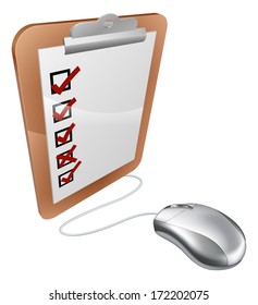 Online internet survey clipboard computer mouse, concept for an online survey.