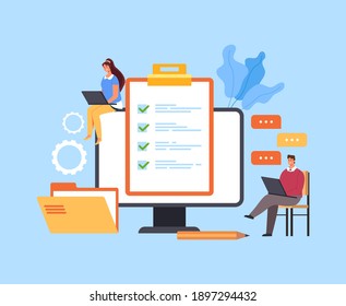 Online internet web questionnaire check mark examination feedback test training class concept vector flat cartoon graphic design illustration