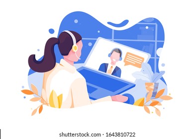 Online Interview concept with character. Can use for web banner, mobile app, hero images. Flat vector illustration on white background.