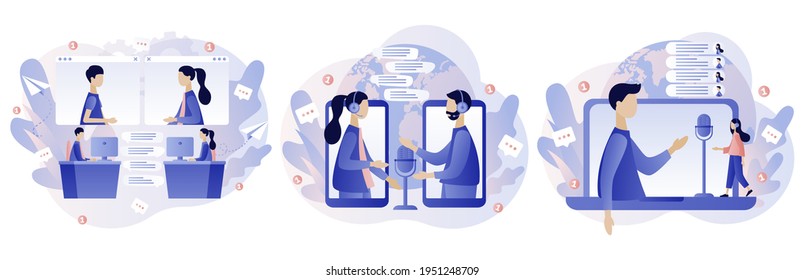 Online Interview concept. Journalist.Video call conference. Tiny people work from home. Social distancing. Remote work. Consultation. Modern flat cartoon style. Vector illustration on white background