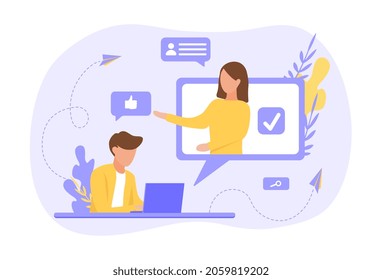 Online interview concept. Man sits at laptop, taking test, examination. Character gets job via Internet. Employee search, hr, worker. Cartoon flat vector illustration isolated on white background