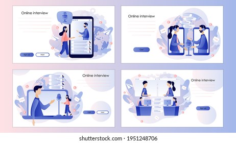 Online Interview concept. Video call conference. Tiny people work from home. Remote work. Screen template for landing page, template, ui, web, mobile app, poster, banner, flyer. Vector illustration