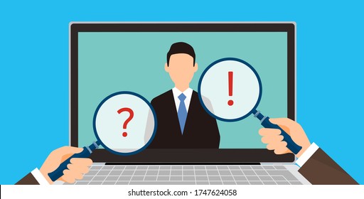 Online interview image,businessman talk in PC,vector illustration,blue background