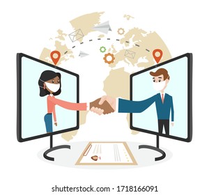 Online interview and job. Job from different parts of the world. Video call conference, working from home, social distancing, business discussion. Man and woman make video call. Team work.