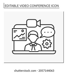  Online interview line icon. Job presentation on computer. Video conference concept. Isolated vector illustration. Editable stroke