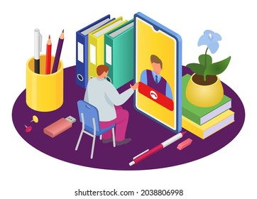 Entrevista en línea con personas, ilustración vectorial, comunicación comercial por concepto de smartphone, personaje trabajador hombre habla en tecnología de internet.