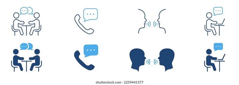 Online Interview Sign Color Set. Job Meeting Line and Silhouette Icon. People Talk on Conference Icon. Virtual Communication. Human Communicate. Editable Stroke. Isolated Vector Illustration.