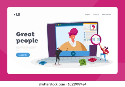 Online Interview and Work Employment Landing Page Template. Tiny Hr Department Employee Characters Reading Candidate Resume on Huge Pc Screen, Virtual Negotiation. Cartoon People Vector Illustration