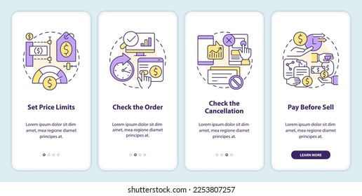 Online investing onboarding mobile app screen. Digital trading walkthrough 4 steps editable graphic instructions with linear concepts. UI, UX, GUI template. Myriad Pro-Bold, Regular fonts used