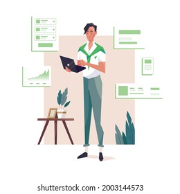 Online investment, analytic and businessman. Young man hold a laptop, flat vector illustration