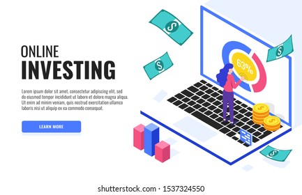 Online investment concept. Financial technology and business investment. Web banner. Isometric vector illustration.