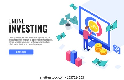 Online investment concept. Financial technology and business investment. Web banner. Isometric vector illustration.