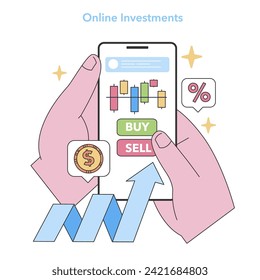 Online Investment concept. Illustrates the ease of buying and selling stocks via smartphone, enhancing modern financial trading. Flat vector illustration.