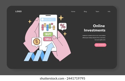 Online Investment concept. Illustrates the ease of buying and selling stocks via smartphone, enhancing modern financial trading. Flat vector illustration.