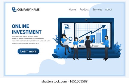 Online investment concept with people work on laptop with business investment. Financial technology concept. Can use for web banner, infographics, landing page, web template. Flat vector illustration