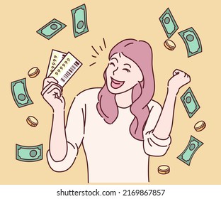 Online investment, Lottery winner overjoyed rich woman and money earning. Hand drawn in thin line style, vector illustrations.