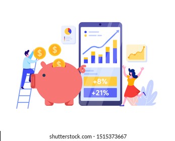 Online Investment with Mobile phone Concept. Financial technology and Business investment Illustration. Template for anding page, template, ui, web, homepage, poster, banner, flyer