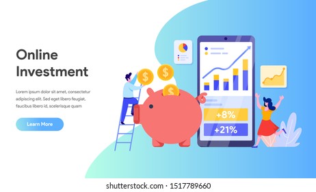 Online Investment with Mobile phone Concept. Financial technology and Business investment Isometric Illustration. Template for anding page, template, ui, web, homepage, poster, banner, flyer