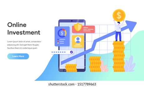 Online Investment with Mobile phone Concept. Financial technology and Business investment Illustration. Template for anding page, template, ui, web, homepage, poster, banner, flyer