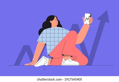 Online investment with mobile phone concept. Investment, stock trading app isolated metaphor. Analytical service and business promotion concept. Young woman holds a phone, flat vector illustration.