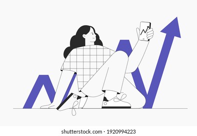 Online investment with mobile phone concept. Investment, stock trading app isolated metaphor. Analytical service and business promotion concept. Young woman holds a phone, Modern flat outline style.