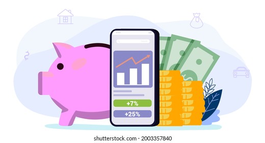 Online investment with mobile phone concept Financial technology and business investment illustration Saving and investing cash Piggy bank in form of piglet Financial services Accumulation of money