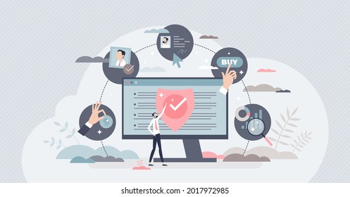 Online investment steps with stock purchase on internet tiny person concept. Digital business finance strategy with symbolic pay, buy, sign and evaluate cycle vector illustration. Economical process.