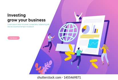 online investment vector illustration concept, Business people analyze the charts and graphs, with pile of coin flying  can use for, landing page, template, ui, web, homepage, poster, banner, flyer,