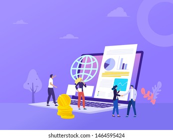 online investment vector illustration concept, Business people analyze the charts and graphs, with pile of coin flying  can use for, landing page, template, ui, web, homepage, poster, banner, flyer,