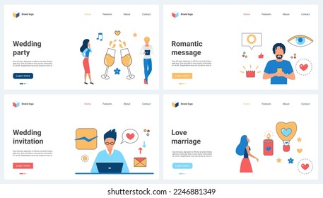 Online invitation to wedding party, romantic dating service set vector illustration. Cartoon tiny people send and receive chat messages in social media, organize love matches, wedding celebration