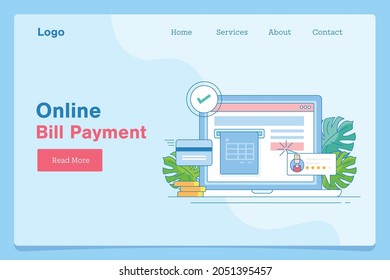 Online Invoice, Online Bill Payment, Digital Banking, Bank Statement, Paying Credit Card Bills Online - Outline Landing Page Vector Template With Icons