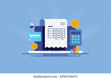 Online-Rechnung-Generator, Online-Buchhaltungssoftware, Finanzbericht, Internet-Banking, Business-Audit, Finanzanalyse - Vektorillustration Hintergrund mit Symbolen