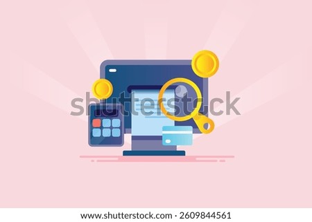 Online invoice generator, Making online invoice, Digital accounting software, Online bill maker, paying bills, calculating taxes - vector illustration with icons