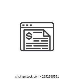 Icono de línea de factura en línea. signo de estilo lineal para concepto móvil y diseño web. Página Web con el icono vector de esquema de factura en dólares. Símbolo, ilustración del logotipo. Gráficos vectoriales