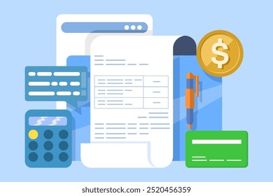 Concepto de creador de Facturas en línea, Enviar Factura en línea, Pago de facturas en línea, Negocio que utiliza software contable para administrar facturas, Factura de datos de transacciones financieras. Ilustración vectorial plana.