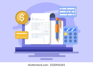 Online invoice maker concept, Send invoice online, Online bill payment, Business using accounting software to manage bills, invoice financial transaction data. flat vector illustration.