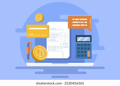 Online invoice maker concept, Send invoice online, Online bill payment, Business using accounting software to manage bills, invoice financial transaction data. flat vector illustration.