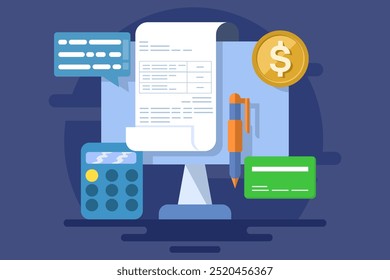 Online invoice maker concept, Send invoice online, Online bill payment, Business using accounting software to manage bills, invoice financial transaction data. flat vector illustration.