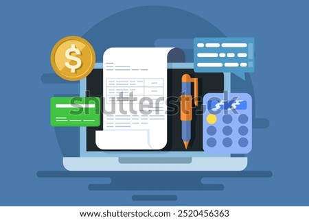 Online invoice maker concept, Send invoice online, Online bill payment, Business using accounting software to manage bills, invoice financial transaction data. flat vector illustration.