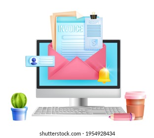 Online invoice, web payment, digital internet tax receipt vector concept, computer screen, envelope. Mobile finance accounting, payroll, notification bell. Online invoice service isolated clipart