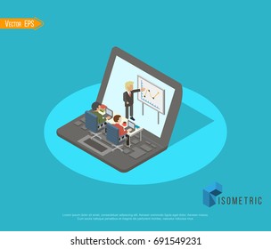 Online isometric. Business man sitting at table and taking notes in .On table is laptop, smartphone and cup of coffee.On computer screen graphics and charts. Student learning online. Blogger.