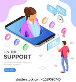 Concepto de soporte al cliente isométrico en línea. Centro de llamadas móvil con consultora femenina, auriculares, iconos de chat. plantilla de página de inicio. ilustración vectorial aislada