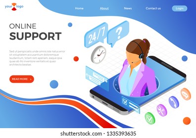 Online isometric customer support concept. Mobile call center with female consultant, headset, chat icons. landing page template. isolated vector illustration