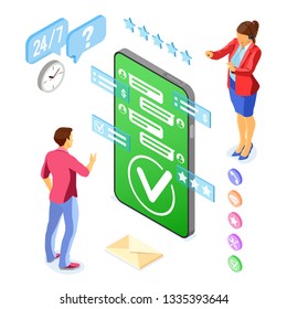Online isometric customer support concept. Mobile call center with female consultant, headset, rating, chat icons. isolated vector illustration