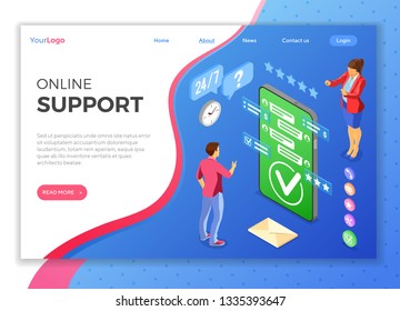 Online isometric customer support concept. Mobile call center with female consultant, headset, rating, chat icons. landing page template. isolated vector illustration