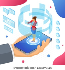 Online isometric customer support concept. Mobile call center with female consultant, headset, chat icons, hand with mobile phone. isolated vector illustration
