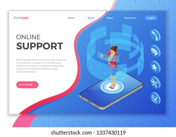 Online isometric customer support concept. Mobile call center with female consultant, headset, chat icons, mobile phone. landing page template. isolated vector illustration
