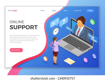 Online isometric customer support concept. Mobile call center with man consultant, headset, laptop, chat icons. landing page template. isolated vector illustration